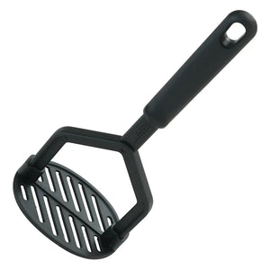 Winco black nylon masher with slotted oval mashing plate and long handle with hanging hole