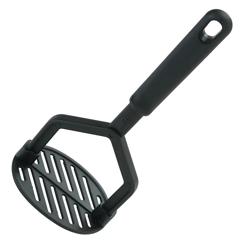 Winco black nylon masher with slotted oval mashing plate and long handle with hanging hole