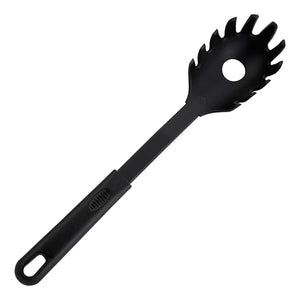 Winco black nylon pasta fork with toothed spoon head, drain hole and long hanging handle, top view