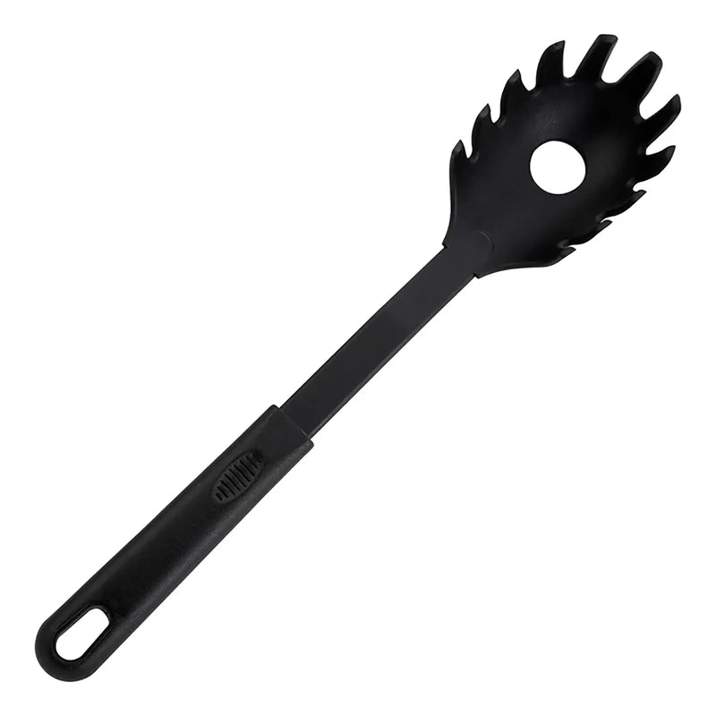 Winco black nylon pasta fork with toothed spoon head, drain hole and long hanging handle, top view