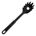 Winco black nylon pasta fork with toothed spoon head, drain hole and long hanging handle, top view