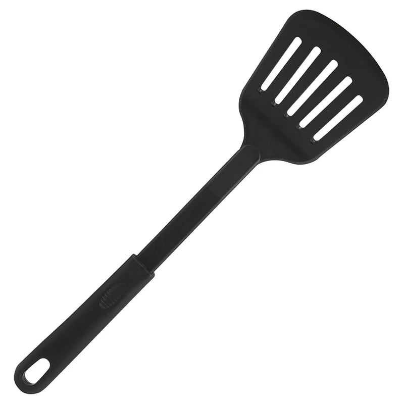 Winco black nylon slotted spatula turner with long handle and hanging hole, full length view