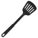 Winco black nylon slotted spatula turner with long handle and hanging hole, full length view