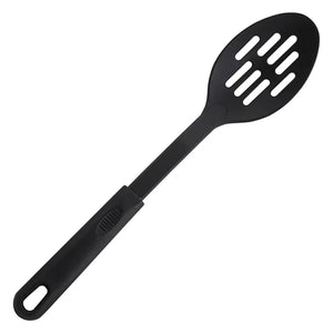 Winco black nylon slotted spoon with drainage slots and hanging hole in the handle, top view