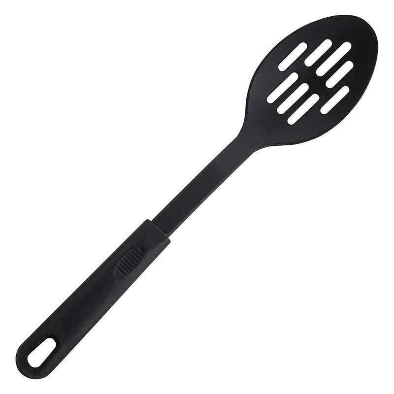 Winco black nylon slotted spoon with drainage slots and hanging hole in the handle, top view