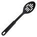 Winco black nylon slotted spoon with drainage slots and hanging hole in the handle, top view
