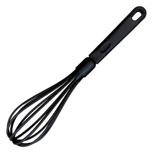 Winco black nylon whisk with heat-resistant wires and hanging hole in the handle, full length