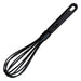 Winco black nylon whisk with heat-resistant wires and hanging hole in the handle, full length