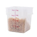 Omcan translucent polypropylene square storage container, 8 quart size shown filled with dry pasta