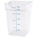 Omcan translucent polypropylene square storage container, tallest 22 quart size with blue measurement markings