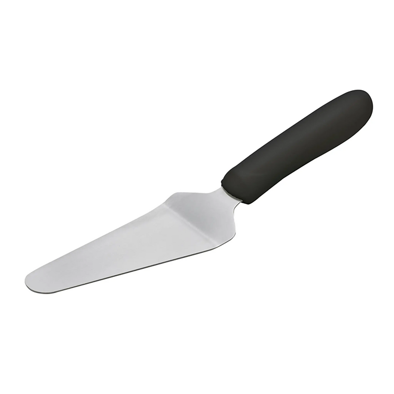 Winco stainless steel pie server with offset wedge-shaped blade and black handle, angled view of the full server