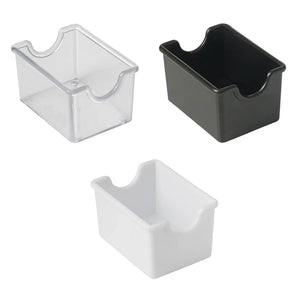 Winco plastic sugar packet holders in clear, black and white colours, rectangular caddies with cut-out ends
