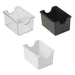 Winco plastic sugar packet holders in clear, black and white colours, rectangular caddies with cut-out ends