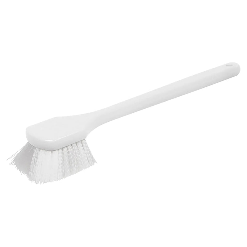 Winco pot brush with nylon bristles, long white plastic handle and angled white scrub brush head