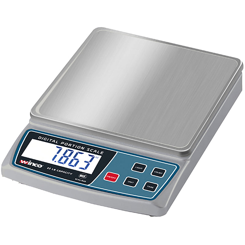 Winco SCAL-D22 digital portioning scale, 22 lbs capacity, stainless steel platform with blue LCD display keypad