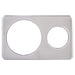 Winco stainless steel adapter plate for soup inserts with one large and one small round opening, top view