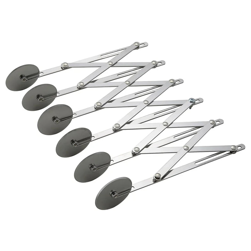 Winco stainless steel adjustable dough divider with 6 wheels, expanding scissor frame with round cutting wheels