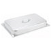 Winco stainless steel dome cover with center handle, rectangular mirror-finish lid shown on a food pan