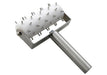 Winco stainless steel dough roller docker, 5" wide, spiked roller on a steel frame with a straight handle