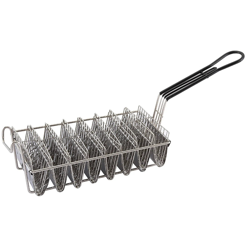 Winco taco basket with 8 shell capacity, stainless wire fry basket holding taco shells, black coated handle