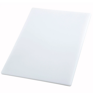 Winco 18 x 30 inch white rectangular cutting board, smooth polyethylene surface shown at an angled view
