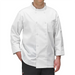 Winco white universal fit chef jacket worn by a model, front view showing the double-breasted cut and stand collar