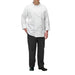 Winco white universal fit chef jacket worn with black chef pants, full-length front view of the complete uniform