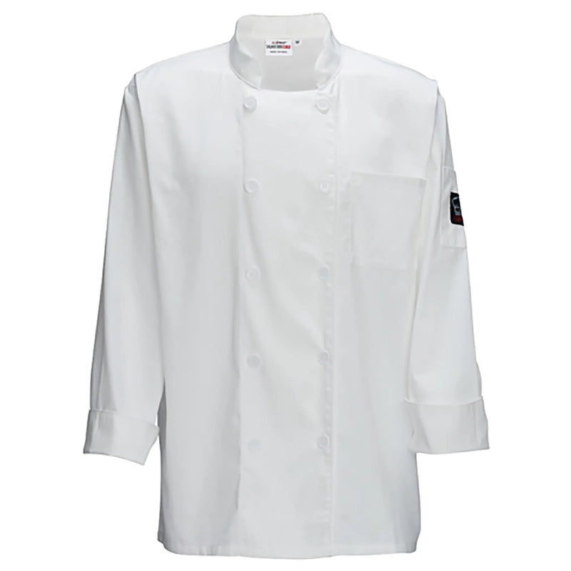 Winco white universal fit chef jacket, front view laid flat showing the double-breasted buttons and long sleeves