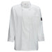 Winco white universal fit chef jacket, front view laid flat showing the double-breasted buttons and long sleeves