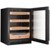 Wine Cell'r WC1200CGFG under counter cigar humidor with door fully open showing cedar shelves, left angle