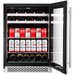 Wine Cell'r WC176BCSZ under counter wine and beverage cooler in black with glass door open showing cans and wine