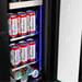 Wine Cell'r WC2743SSBC beverage cooler, close-up of cans stored on the beverage side shelves with blue LED lighting