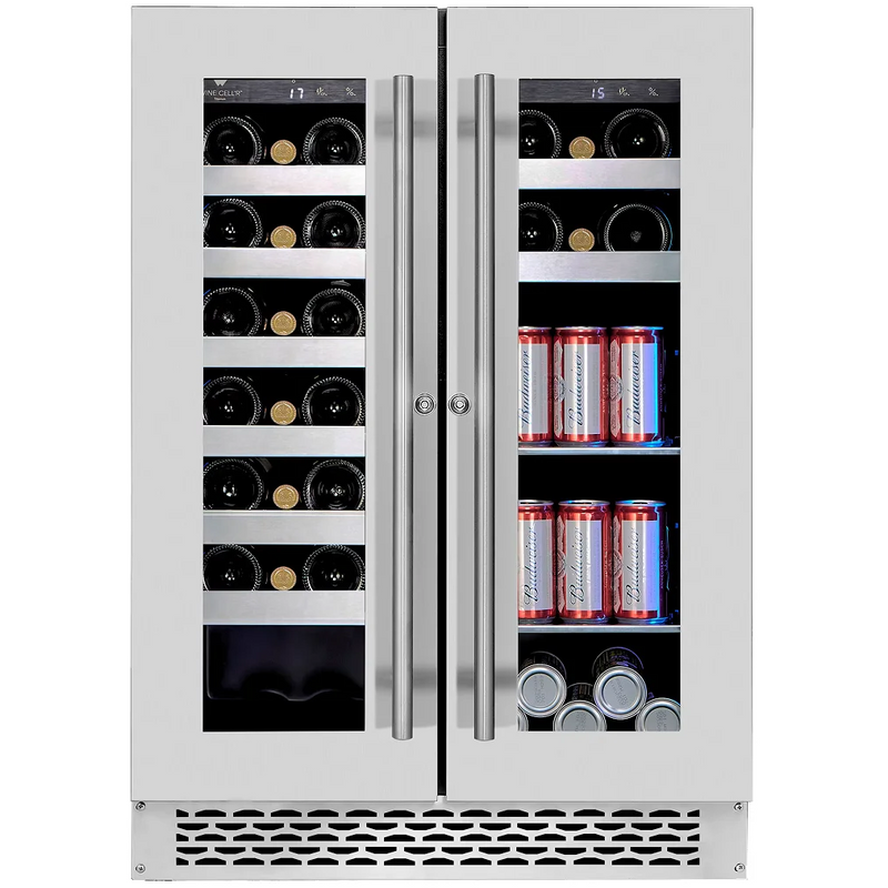 Wine Cell'r WC2743SSBC dual temperature under counter wine and beverage cooler with stainless French doors, front