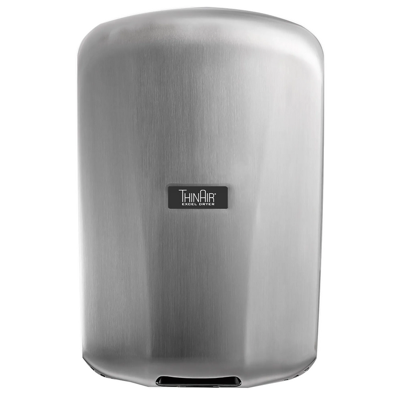 XLERATOR TA-SB Thin Air hand dryer in brushed stainless steel with slim rounded cover, angled left view