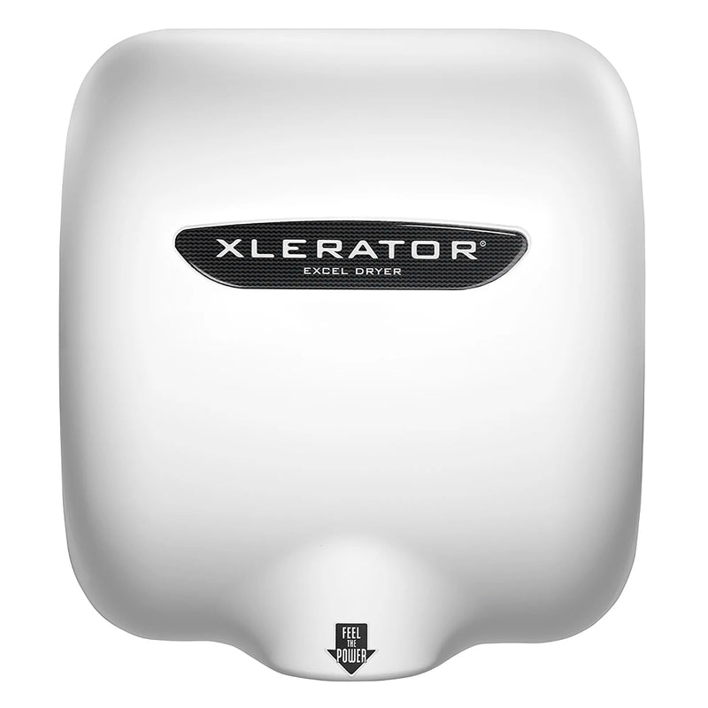 XLERATOR XL-BW hand dryer in white with black XLERATOR logo on the front cover, front view of the wall-mount unit