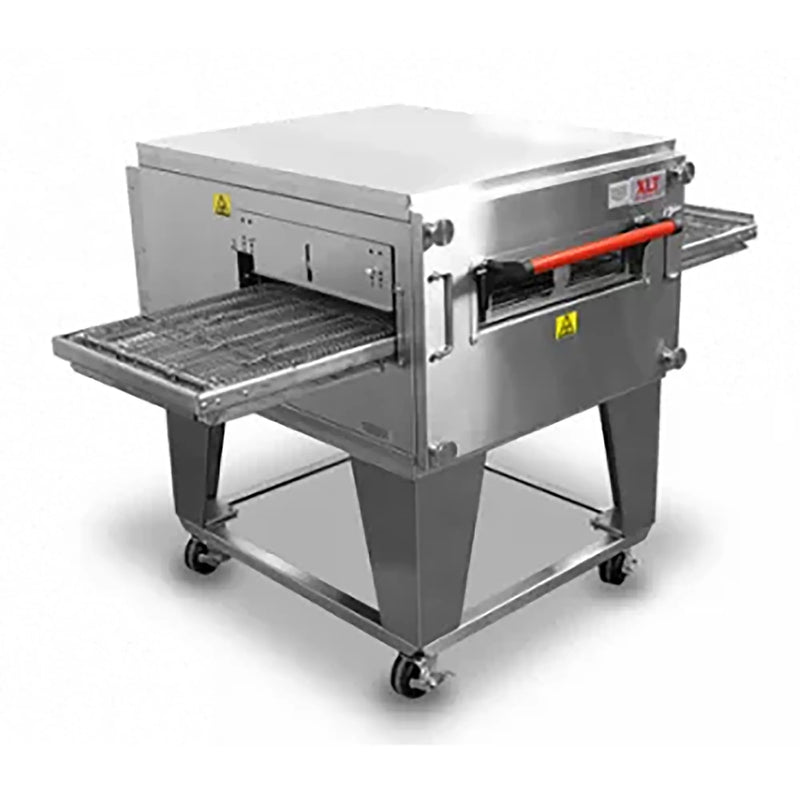 XLT 2440 Series compact single conveyor oven in stainless steel on a caster stand, angled right side view