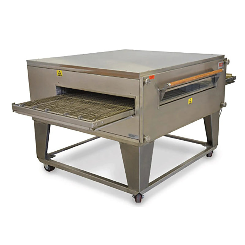 XLT 3255 Series compact single conveyor oven in stainless steel on a stand, angled view of the 32-inch conveyor