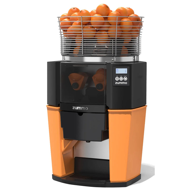 Zummo Z14-N electric citrus juicer with orange and black body, digital display and full basket of oranges
