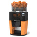 Zummo Z14-N electric citrus juicer with orange and black body, digital display and full basket of oranges