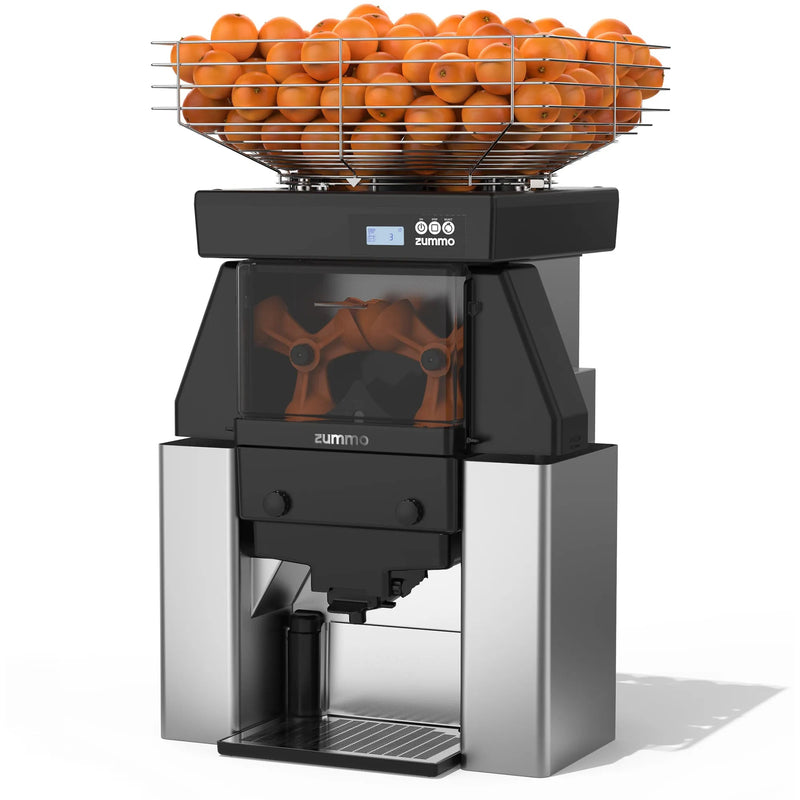 Zummo Z40-N electric citrus juicer in stainless steel and black with digital display and loaded orange feeder