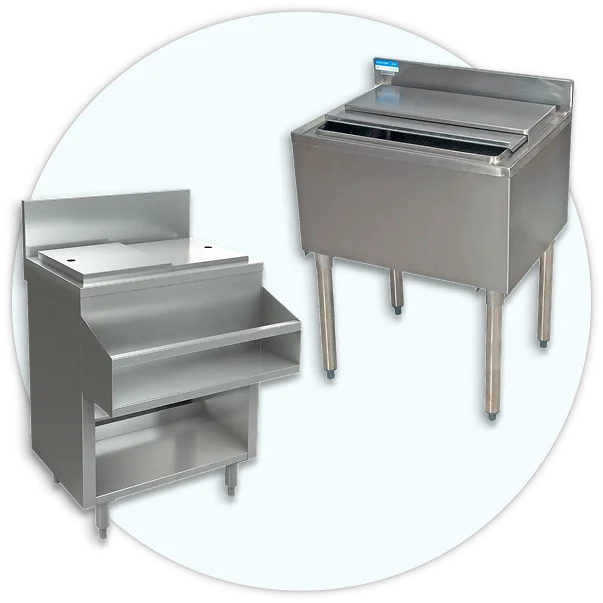 Underbar cocktail sinks, insulated ice bins, drink mixing stations, and liquor displays.