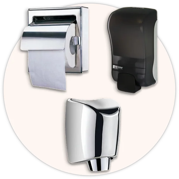Commercial bathroom appliances including electric hand dryers, soap dispensers, and paper towel holders.