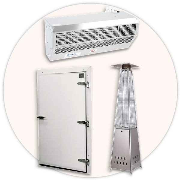 Facility business appliances featuring outdoor patio heaters, insect traps, and doorway air curtains.