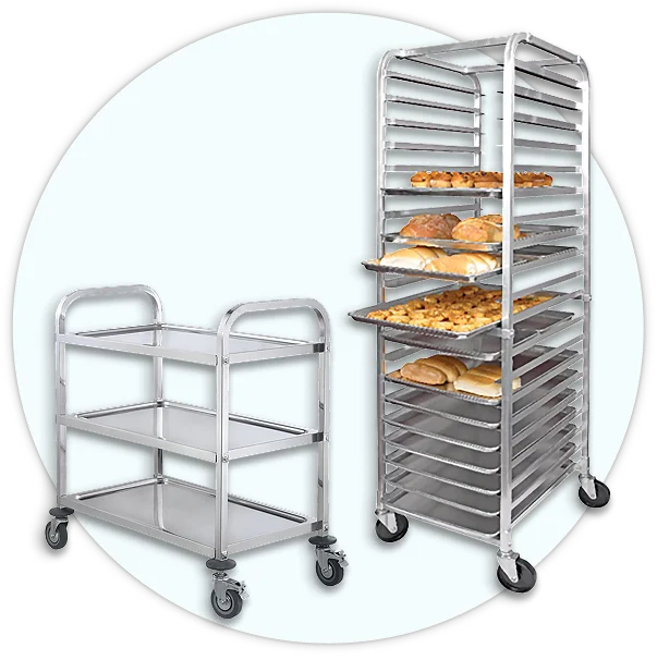 Commercial pan and bin racks, utility carts, trolleys, and heavy-duty dunnage racks.