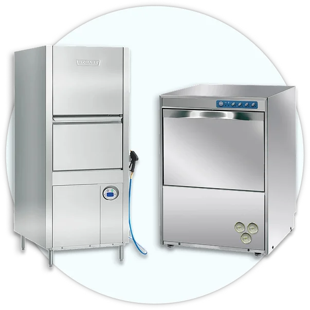 Commercial dishwashers, dishwashing detergent, dish racks, and stainless dish tables.