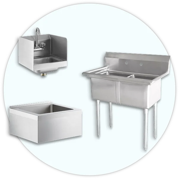 Commercial compartment sinks, heavy-duty faucets, grease traps, and dipper wells.