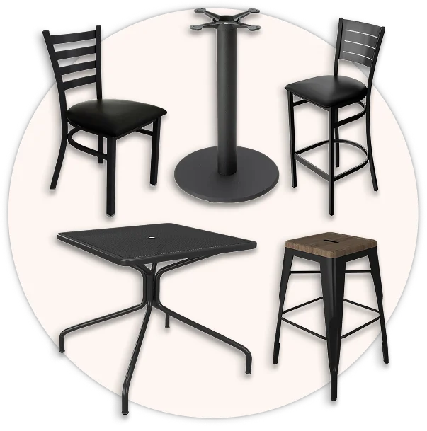 Restaurant furniture featuring dining table tops and bases, chairs, bar stools, and child seating.