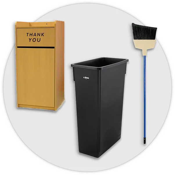 Janitorial supplies, cleaning products, service mats, and waste bins.