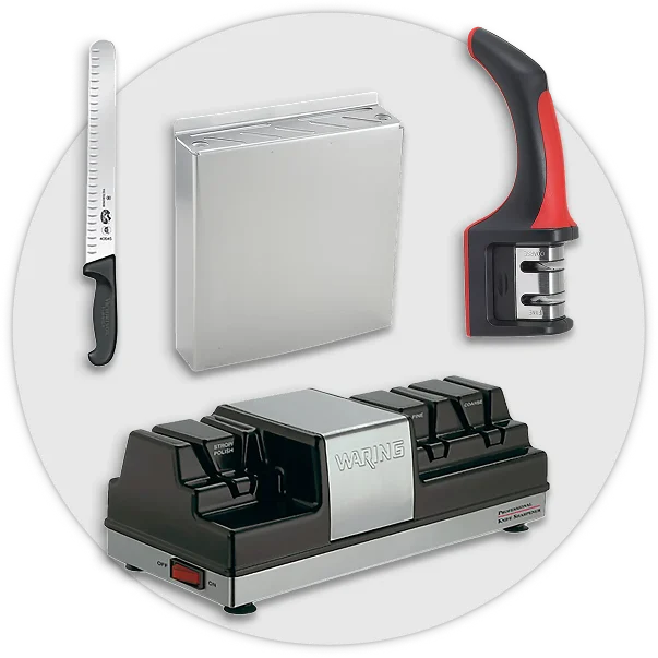 Commercial kitchen tools including chef knives, knife sharpeners, tongs, and utensils.