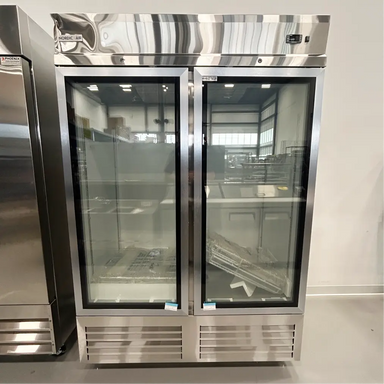 Scratch and dent Nordic Air SGR-48C 54-inch double glass door stainless steel refrigerator, front view in the showroom